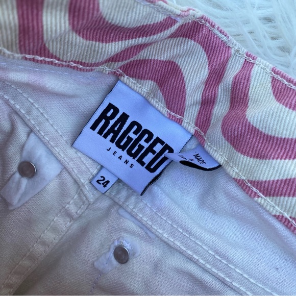 The Ragged Priest Wide Leg Dad Fit Pink White Wave Print Jeans Size 24 - Picture 3 of 8